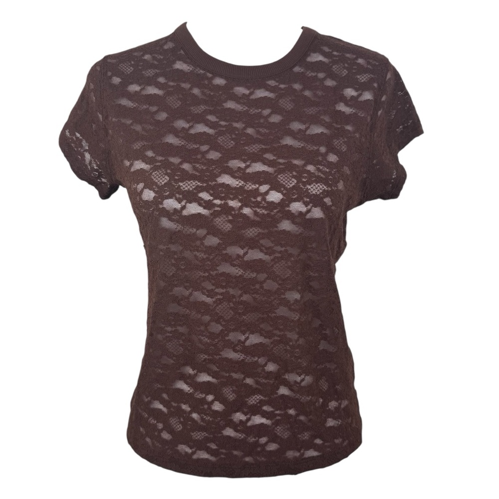 NWT Aerie Chocolate Brown Lace Classic Short Sleeve Top Shirt XS Small